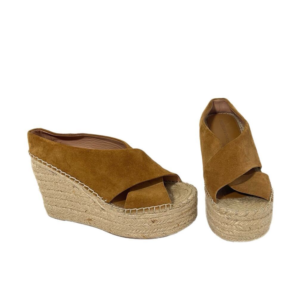 Sigerson Morrison Atifa Espadrille Wedge Sandals Suede Leather Size 7 CamelBrown